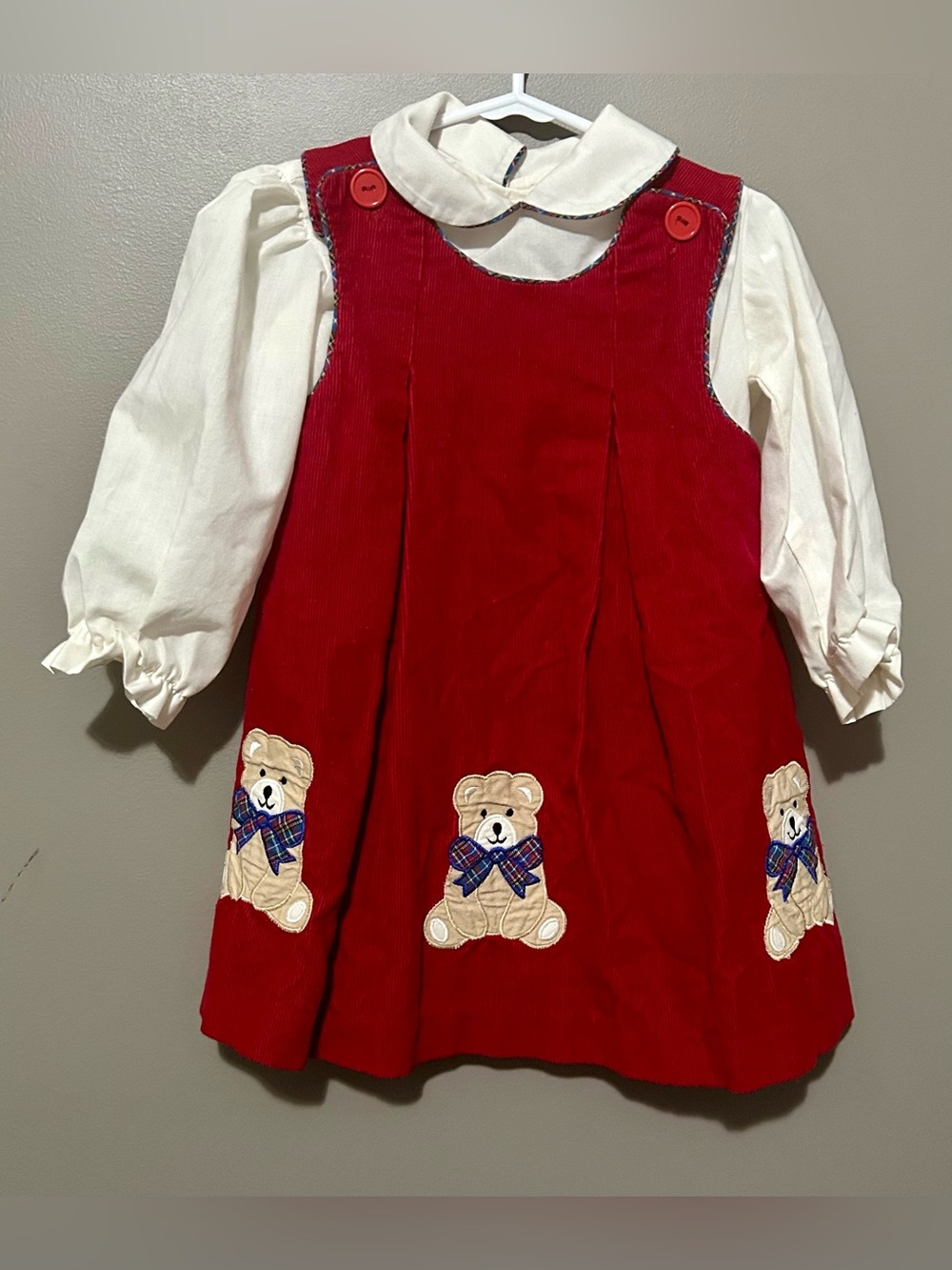 VINTAGE Red Corduroy Teddy Appliqué Pinafore Dress with White Blouse